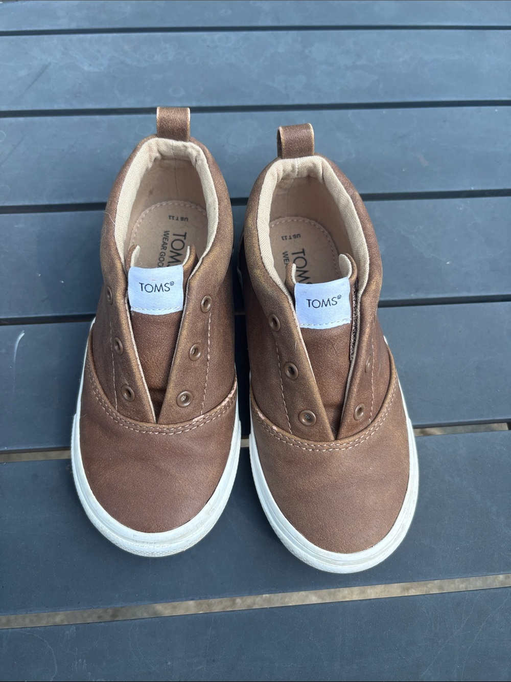 TOMS Kids Brown Canvas Slip-On Sneakers with White Trim